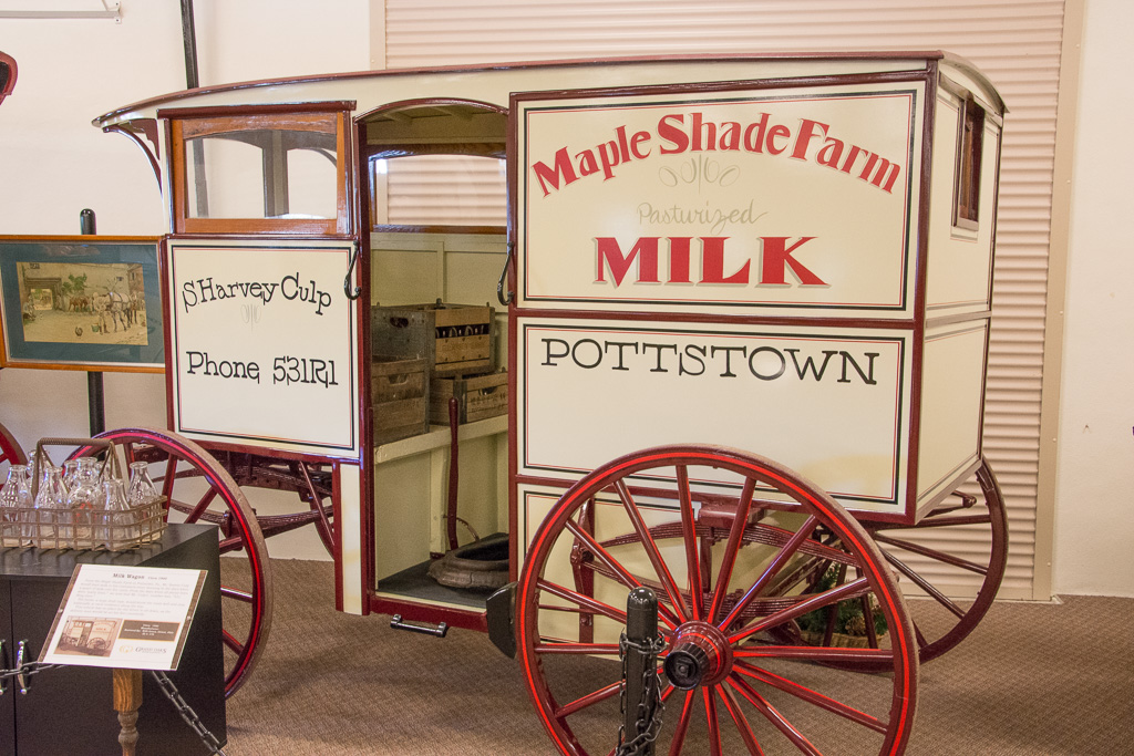 Milk Wagon (Circa 1900). From the Maple Shade Farm in Pottstown, PA, Mr. Harvey Culp would haul milk to his customers every morning in the days when a quart of milk cost five cents. The vehicle has no place for the driver to sit down, as the delivery man would be on his feet constantly.
